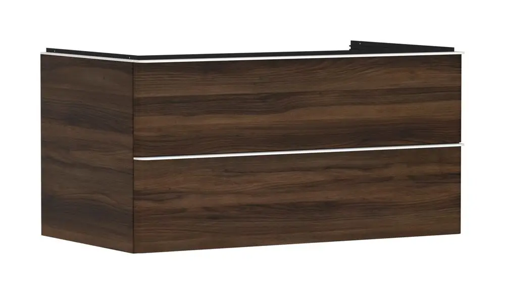 Hintergrundbeleuchteter Waschtischunterschrank in dunkler Holzoptik mit zwei Schubkästen, geeignet für moderne Badezimmerlösungen von Hansgrohe.